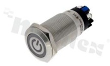 Przełącznik wandaloodporny; bistabilny; 19mm; zacisk śrubowy; stal nierdzewna; podświetlenie krawędziowe z symbolem POWER zielone, LED 12V; IP65.