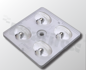 Lens for LED high power; angle: oval 150 x 110 degrees ; Number of LEDs: 4; Dimensions: 50x50mm; Height: 7.77mm; material: PMMA; Fastening: screw