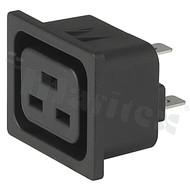 Gniazdo zasilające AC IEC 60320 J, system V-Lock, klasa ochronności I; montaż: do panela 2,5mm, zatrzaskowe; wyprowadzenia do lutowania; kolor czarny; IP20; 16A, 250VAC