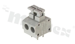 Listwa zaciskowa do PCB; w rastrze 5.00mm; 2-torowa; poziome wejście przewodu; na przewód 0.20-1.50mm2 (16-28AWG); ze stykiem sprężynowym; szara; UL 300V/10A, TUV 250V/10.5A