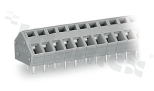 Listwa zaciskowa do PCB; w rastrze 5.0/5.08mm; 2-torowa; skośne wejście przewodu; na przewód 0.08-2.50mm2 (28-12 AWG); ze stykiem sprężynowym; szara; UL: 300V/15A