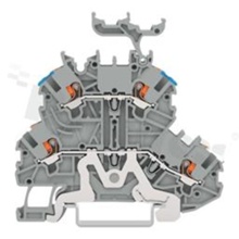 Installation terminal block; 2-level; through; with buttons; shielded; 4-contacts for wire 0.14-1.5mm2 (24-16AWG); spring-loaded; grey; for DIN rail; 300V/10A