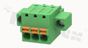 Listwa zaciskowa rozłączalna; w rastrze 3.50mm; 3-torowa; żeńska; na przewód 1.50mm2 (28-16AWG); kierunek wtykania równoległy do osi przewodów; z zaciskiem sprężynowym;  z zaczepem śrubowym; styki z fosforobrązu; stalowa klatka; UL 300/8A TUV 250/12A