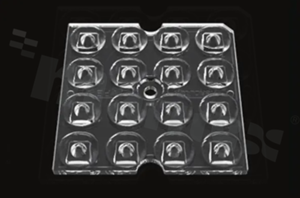 Soczewka do diod LED high power; 4x4; kąt rozsyłu asymetryczny; ilość diod: 16; wymiary: 50x50x4mm; rodzaj materiału: PMMA high temperature; sposób mocowania: śruby
