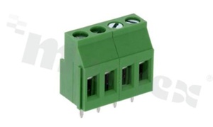 Listwa zaciskowa do PCB; w rastrze 5.08mm; 4-torowa; pionowa; na przewód 0.5-2.5mm2 (AWG 26-12); ze śrubami na wkrętak krzyżakowy; klatka mosiężna; zielona; UL 300V/20A, TUV 250V/20A