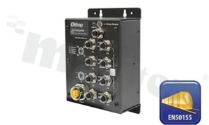 EN50155 8-port unmanaged PoE Ethernet switch with 8x10/100Base-T(X) P.S.E.; 2x Bypass; M12 connector; oper. temp. operating temperature -40+70 deg.C; supply 12...57VDC