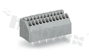 Listwa zaciskowa do PCB; w rastrze 2.50mm; 8-torowa; skośne wejście przewodu; na przewód 0.14-0.50mm2 (24-20 AWG); ze stykiem sprężynowym; szara; UL: 300V/5A