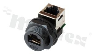 Socket RJ45; female; right - angled; shielded; 5E; front side nut; screw; IP67