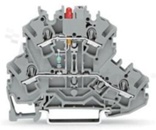 Złączka instalacyjna; 2-poziomowa; przelotowa; 4-zaciskowa na przewód 0.25-4.0mm2 (12-22AWG); ze stykiem sprężynowym; szara; na szynę DIN; 24V/0.025A