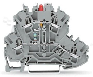Złączka instalacyjna; 2-poziomowa; przelotowa; 4-zaciskowa na przewód 0.25-4.0mm2 (12-22AWG); ze stykiem sprężynowym; szara; na szynę DIN; 24V/0.025A