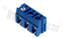 Listwa zaciskowa do PCB; w rastrze 7.50mm; 3-torowa; kątowa; na przewód 2.5mm2 (AWG 22-14); ze śrubami na wkrętak płaski; klatka mosiężna; niebieska; UL 300V/10A, TUV 450V/24A