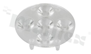 Lens for LED high power; angle: 60 degrees ; Number of LEDs: 5; Dimensions: round 35.8mm; Height: 8.4mm; material: PMMA; PC; Fastening: glue