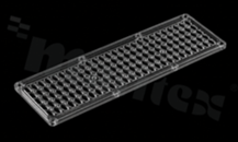 Soczewka do diod LED Mid Power; kąt rozsyłu: asymetryczny Bat Wing; ilość diod: 100; rozmiar: 243x87mm; wysokość: 5.9mm; rodzaj materiału: PMMA; sposób mocowania: śruby