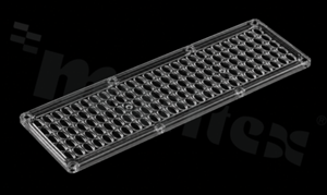 Soczewka do diod LED Mid Power; kąt rozsyłu: asymetryczny Bat Wing; ilość diod: 100; rozmiar: 243x87mm; wysokość: 5.9mm; rodzaj materiału: PMMA; sposób mocowania: śruby