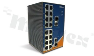 Unmanaged Ethernet switch with 16x10/100Base-T(X) RJ45 and 2 x Gigabit Combo RJ45/SFP; operating temperature -40+70 deg.C; 12...48VDC; DIN