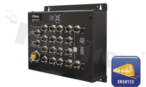 EN50155 18-port managed PoE Ethernet switch with 8x10/100Base-T(X) P.S.E.; 8x10/100Base-T(X) and 2x10/100/1000Base-T(X); M12