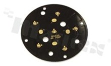 MCPCB, thermal conductivity 2W/(m*K), thickness: 3mm, number of layers - 1, black soldermask, legend color: gold, size: diameter 70mm, pad cover: gold; for XP LEDs, /6