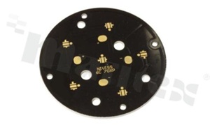 MCPCB, thermal conductivity 2W/(m*K), thickness: 3mm, number of layers - 1, black soldermask, legend color: gold, size: diameter 70mm, pad cover: gold; for XP LEDs, /6