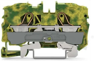 Złączka instalacyjna; 1-poziomowa; przelotowa; 2-zaciskowa na przewód 0.5-16.0mm2 (20-16AWG); ze stykiem sprężynowym; żółto-zielona; na szynę DIN; 300V/15A