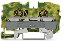 Installation terminal block; 1-level; through; 2-contacts for wire 0.5-16.0mm2 (20-16AWG); spring-loaded; yellow-green; for DIN rail; 300V/15A