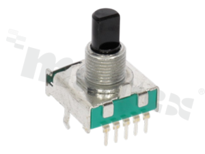 Miniaturowy przełącznik obrotowy; jednosekcyjny; 8-pozycyjny; otwór montażowy M9?×?0,75; wyprowadzenie na PCB; stal; wałek 6?mm; przełączanie typu BBM (non-shorting); 0,3?A/16?V?DC