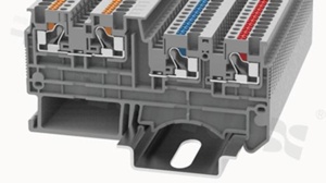 Złączka instalacyjna; 2-poziomowa; przelotowa; 4-zaciskowa na przewód 0.14-1.5mm2 (26-14AWG); ze stykiem sprężynowym; szara; na szynę DIN; 250V/13.5A