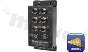 EN50155 5-port unmanaged PoE Ethernet switch with 4x10/100Base-T(X) P.S.E. and 1x10/100Base-T(X); M12 connector; operating temperature -40+75 deg.C; supply 72...110VDC