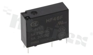 Przekaźnik elektromagnetyczny; prąd znamionowy 5A; napięcie cewki 5VDC; pojedynczy styk zwierny (1A); 5A/30VDC; 5A/250VAC