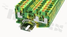 Installation terminal block; 1-level; through; 3-contacts for wire 0.5-16.0mm2 (20-6AWG); spring-loaded; yellow-green; for DIN rail