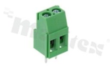 Listwa zaciskowa do PCB; w rastrze 5.00mm; 2-torowa; pionowa; na przewód 2.5mm2 (AWG 28-12); ze śrubami na wkrętak krzyżakowy; z ruchomą osłoną przewodu; klatka mosiężna; zielona; UL 300V/15A