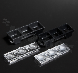 Lens for high power LEDs; beam angle: 65 degrees FWHM; number of diodes: 3; size: 21x59.7mm; height: 13.3mm; material type: PMMA; mounting method: clips; Variant with diffused lenses