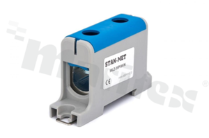 Złączka na szynę din;przelotowa;2 zaciskowa;1- torowa; zacisk śrubowy; na przewód 16-95mm2;niebieska