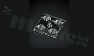 Lens for LED high power; mid power; angle: asymmetric; Number of LEDs: 8; Dimensions: 50x50mm; Height: 5.5mm; meterial: PMMA; Fastening: pin; screw