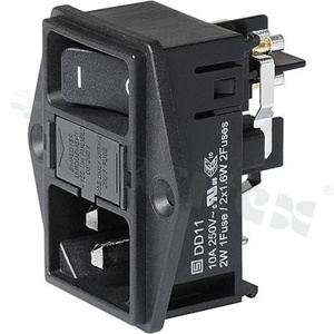 Złącze zasilające IEC C14; z przełącznikiem 2-polowym; szufladka bezpiecznikowa 1-polowa; podświetlane; czerwone; V-Lock; na panel-śruba; wersja A; 10A/250VAC.