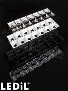 Lens for LED mid power; angle: 74 to 82 degrees FWHM; Number of LEDs: 7; Dimensions: 280x40mm; Height: 20.3mm; meterial: PMMA; Fastening: pin; screw; clips