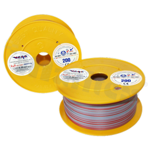 Przewód pojedynczy LGY/H05V-K; z wielodrutową miedzianą żyłą; szary/czerwony; przekrój 0.35mm2; AWG 22; 500V; -40+105 st.C; 200m.