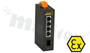Switch przemysłowy niezarządzalny; certyfikat ATEX; 4 porty 10/100Base-T(X) RJ45 i 1 port 100Base-FX; gniazdo SFP; temp. pracy: -10+60 st.C; zasilanie 9...60VDC/18...30VAC; montaż na szynie DIN; obudowa metalowa