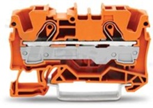 Installation terminal block; 1-level; through; 2-contacts for wire 0.5-10.0mm2 (20-8AWG); spring-loaded; orange; for DIN rail; 600V/50A