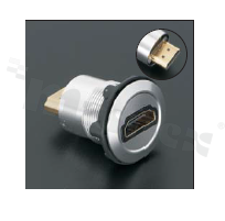 Gniazdo HDMI; żeńskie; otwór montażowy 22mm; podłączenie na wtyk HDMI męski; korpus srebrny; stop aluminium.