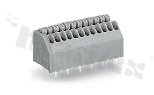 Listwa zaciskowa do PCB; w rastrze 2.50mm; 4-torowa; skośne wejście przewodu; na przewód 0.14-0.50mm2 (24-20 AWG); ze stykiem sprężynowym; szara; UL: 300V/5A