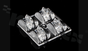 Lens for LED high power; mid power; angle: asymmetric; Number of LEDs: 4; Dimensions: 50x50mm; Height: 15.5mm; meterial: HT-PMMA; Fastening: screw