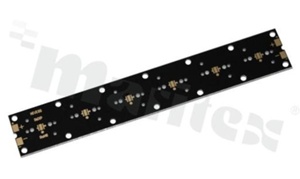 MCPCB, thermal conductivity 2W/(m*K), thickness: 2mm, number of layers - 1, black soldermask, legend color: gold, size: rectangle 155x25mm, pad cover: gold; for XP LEDs, /6