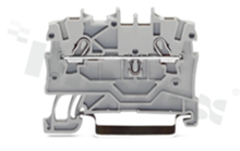 Installation terminal block; 1-level; through; 2-contacts for wire 0.5-1.5mm2 (20-16AWG); spring-loaded; grey; for DIN rail; 800V/13.5A