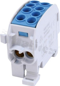 Złączka na szyne DIN; blok rozdzielczy odgałęźny;niebieski; jednobiegunowy; 35mm2; Al/Cu;1000V AC/DC ;202A