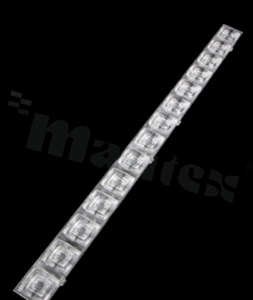 Lens for LED mid power; angle: 60 degrees FWHM; Number of LEDs: 14; Dimensions: 560x36mm; Height: 13.4mm; meterial: PMMA; colour: clear; Fastening: snaps, clips