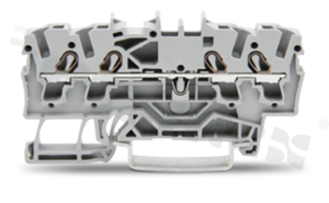 Złączka instalacyjna; 1-poziomowa; przelotowa; 4-zaciskowa na przewód 0.25-4.0mm2 (22-12AWG); ze stykiem sprężynowym; szara; na szynę DIN; 600V/20A