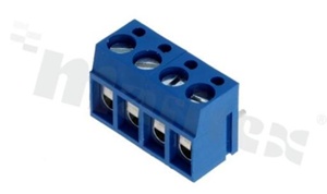 Listwa zaciskowa do PCB; w rastrze 5.00mm; 4-torowa; kątowa; na przewód 1-2.50mm2 (AWG 22-14); ze śrubami na wkrętak płaski; niebieska; UL 300V/10A, TUV 250V/24A