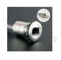 Gniazdo RJ45; żeńskie; otwór montażowy 22mm; podłączenie na wtyk RJ45 męski; długosć przewodu 60cm; korpus srebrny; stop aluminium.