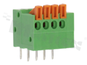 Listwa zaciskowa do PCB; w rastrze 2.54mm; 4-torowa; poziome wejście przewodu; na przewód 1.00mm2 (AWG 24-18); ze stykiem sprężynowym; zielona; UL 150V/2A