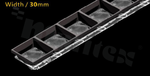 Soczewka do diod LED mid power; kąt rozsyłu: owalny 50 x 50 stopni FWHM; ilość diod: 42; rozmiar: 1176x30mm; wysokość: 20mm; rodzaj materiału: PC; sposób mocowania: kołek; śruby